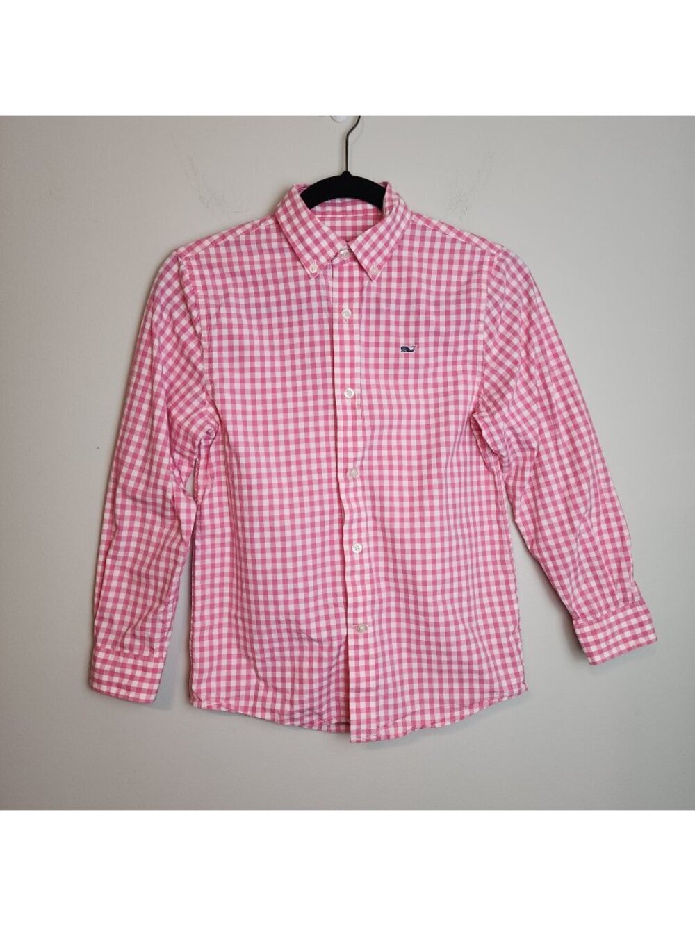 Vineyard Vines Boys Pink & White Gingham Whale Shirt Size Small 8-10 100% Cotton